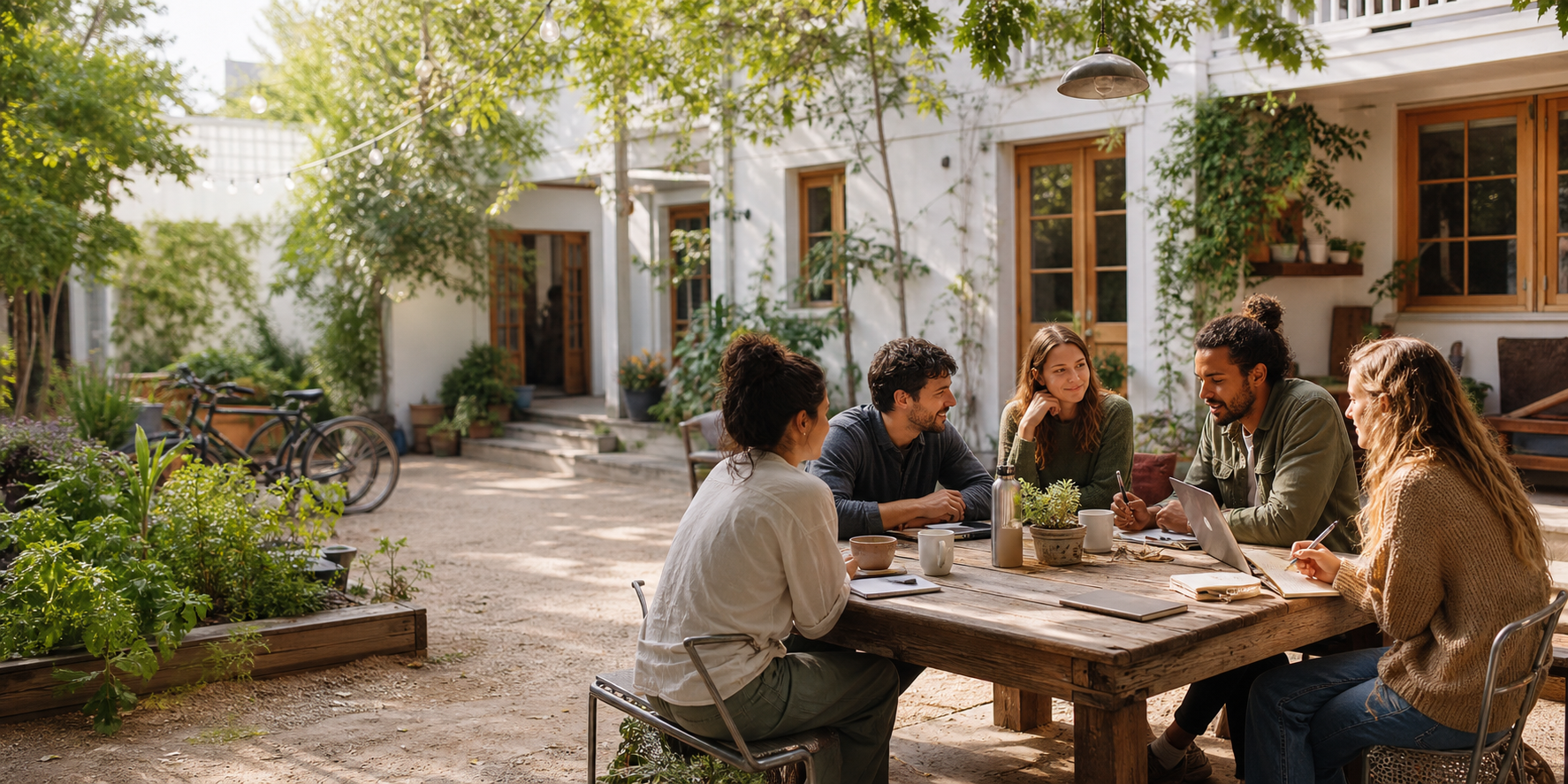 People gathered around a table in a shared courtyard garden
